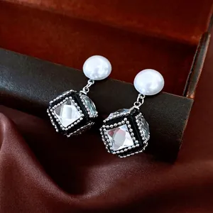 Vintage style square zircon and pearl drop earrings with black and silver finish