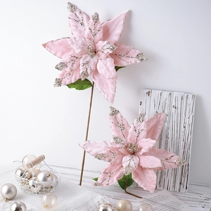Fleurs de poinsettia en velours rose avec paillettes pour déco de sapin de Noël