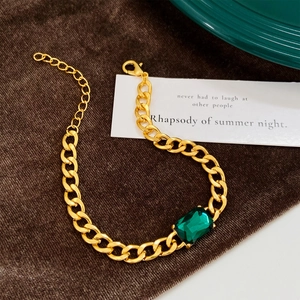 Vintage Gold Alloy Bracelet With Square Emerald Green Zirconia Fashion Thick Cuban Chain Tennis Bracelet For Women Jewelry Gift