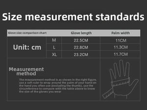 Tactical gloves size chart and measuring guide for hand length and palm width