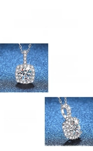 Detailed close-up of S925 sterling silver necklace featuring a round Moissanite pendant