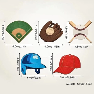 5-piece acrylic baseball keychain set including bat, glove, and helmet with measurements