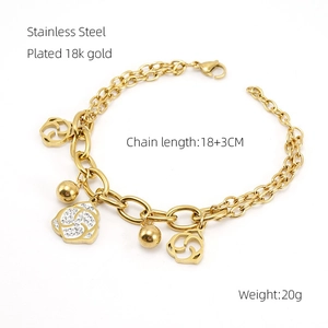 18k gold plated stainless steel geometric charm bracelet with crystals and hollow flower