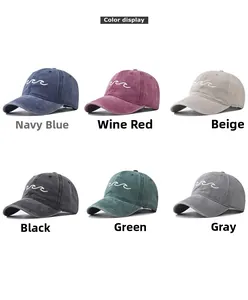 Detailed color display of six washed cotton baseball hats with wave embroidery decor