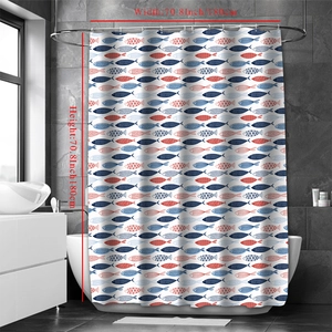 Detail of waterproof fish print shower curtain with 180x180cm size markings