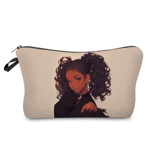Beige canvas cosmetic bag with black girl print and zipper closure for travel storage