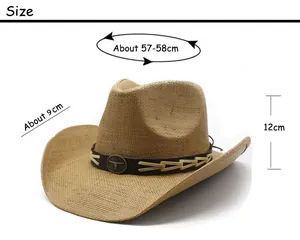 Size chart showing 57-58cm circumference and 9cm brim for the straw cowboy hat