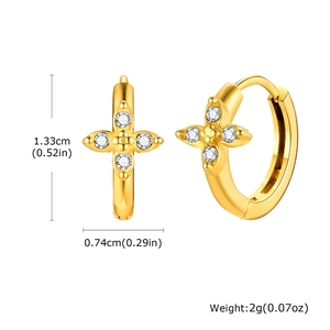 Detailed size view of gold star hoop earrings with white zircons and dimensions