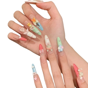3D cute bear and bunny handmade press-on nails with macaron colors in almond shape