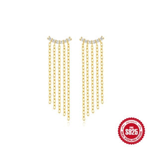 Long Tassel Drop Earrings For Women With 925 Sterling Silver Earring Post Shimmering Gold Plated Cubic Zirconia