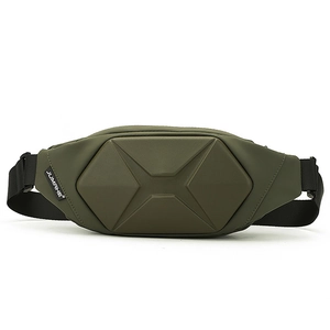 Army green hardshell crossbody bag with geometric X-shaped design and adjustable strap