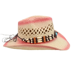 Detail of hand-woven pink gradient straw cowboy hat with bohemian beads and turquoise stone