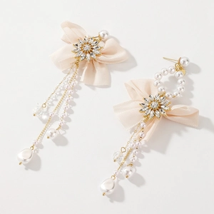 Sweet Asymmetric Bow Tassel Drop Earrings With Imitation Artificial Pearl Rhinestone Fabric And 925 Sterling Silver Earring Post