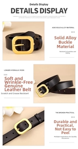 Close-up of golden solid alloy square buckle and premium black leather belt texture