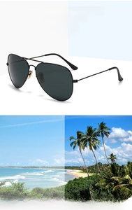 Polarized aviator sunglasses showing high-contrast visual filtering on a beach background