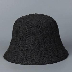 Detail of black knitted bucket hat showing intricate diamond weave and wavy texture pattern