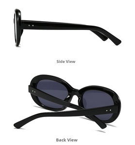 Detail showing side and back views of black oval sunglasses with silver rivet accents