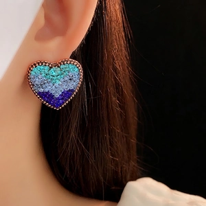 Vintage heart stud earrings with gradient blue crystals and rose gold beaded trim