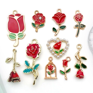 Detailed set of red and gold enamel rose charms for DIY jewelry and keychain pendants