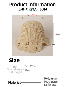 Detail view of beige knit bucket hat with wavy brim and leaf pattern cut-out texture