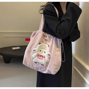 Pink canvas tote bag featuring a cute 3D lamb patch shown as a side-view shoulder bag