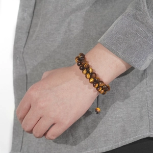 8mm double-layer natural tiger eye stone bracelet with adjustable braided cord for men