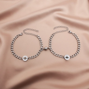 Magnetic Heart Round Pendant Cuban Chain Couples Bracelet Set Titanium Steel Romantic Polished Jewelry For Women Men Lovers Gift