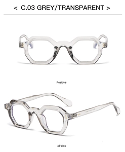 Detailed front and 45-degree views of grey transparent hexagonal sunglasses with resin frames