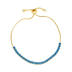 Adjustable gold tennis bracelet featuring row of sparkling blue round-cut zircon stones