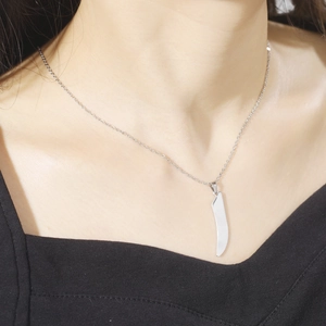 Polished stainless steel necklace with a curved vertical bar pendant on a silver chain