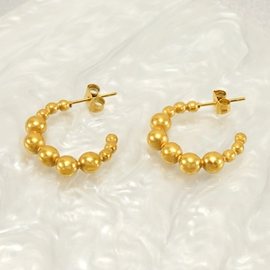 Vintage 18k gold plated stainless steel C-shaped hoop earrings with beaded design