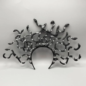 Detailed view of silver and black Medusa headband with realistic coiled snakes