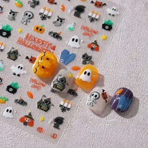 Detail of 5D embossed Halloween nail art stickers with pumpkin and ghost motifs
