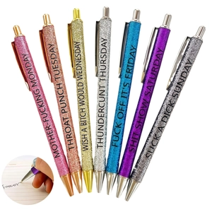 7-pack funny glitter ballpoint pens with humorous daily captions and metallic clips