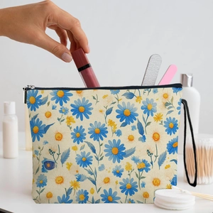 Daisy Floral Makeup Bag Fine Linen Cosmetic Bag With Wrist Strap Large Capacity Zipper Toiletry Bag For Travel Women
