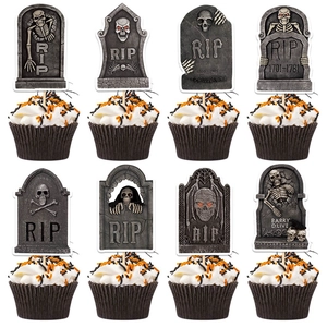 Halloween Cupcake Toppers Tombstone RIP Skeleton Design Cardstock Decoration For Haunted House Party Favors Cemetery Theme