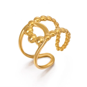 Modern 18K gold plated stainless steel double layer beaded open ring for women