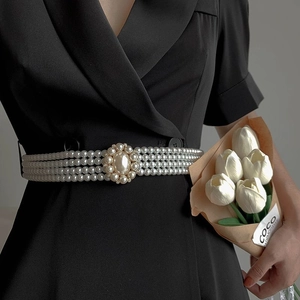 Ceinture Künstliche Perle Femme Élastique Plusieurs Rangs Fausses Künstliche Perles Chaîne De Taille Strass Boucle Alliage Accessoire Robe Vintage