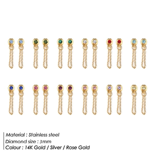 Detail view of colorful 3mm zircon earrings in gold-plated stainless steel tassels