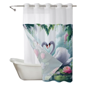 Rideau de douche imperméable avec imprimé cygne et lotus et œillets métalliques renforcés