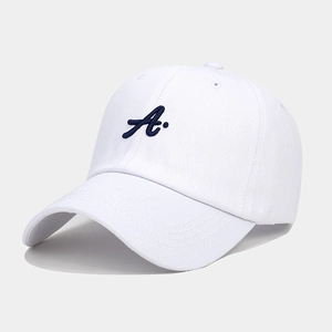 Detail view of cotton twill baseball cap with deep blue letter A 3D embroidery logo