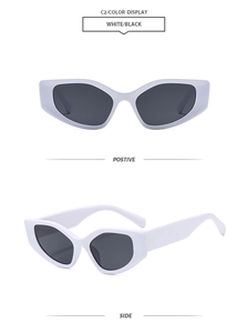 Front and side views of stylish white cat-eye sunglasses with dark black lenses