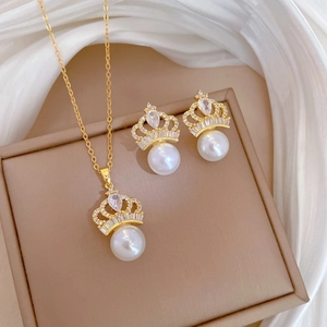 Elegant Crown Artificial Pearl Jewelry For Women With Titanium Steel Necklace And Rhinestone Earrings With Silver Earring Post