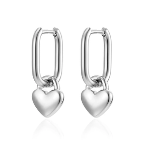 Polished stainless steel U-shaped earrings with solid heart-shaped pendants on white background