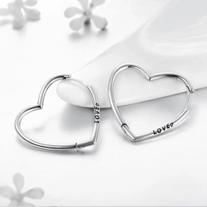 Elegant S925 sterling silver heart hoop earrings engraved with LOVED text