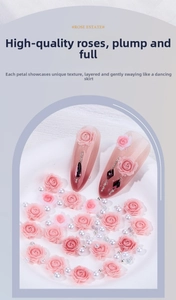 Macro detail of 3D resin roses, white pearls and purple rhinestones for nail art DIY