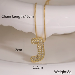 Detailed size specifications for gold letter J necklace with zircon pendant measurements