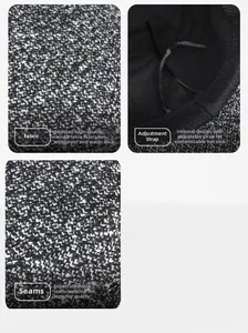 Detail of tweed wool fabric with adjustable inner strap and fine stitching on the hat