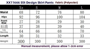 Detailed size chart for slit design skorts showing measurements from XS to L