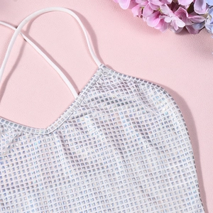 Detailed view of silver sequin crop top featuring slim straps and a sharp V-neckline